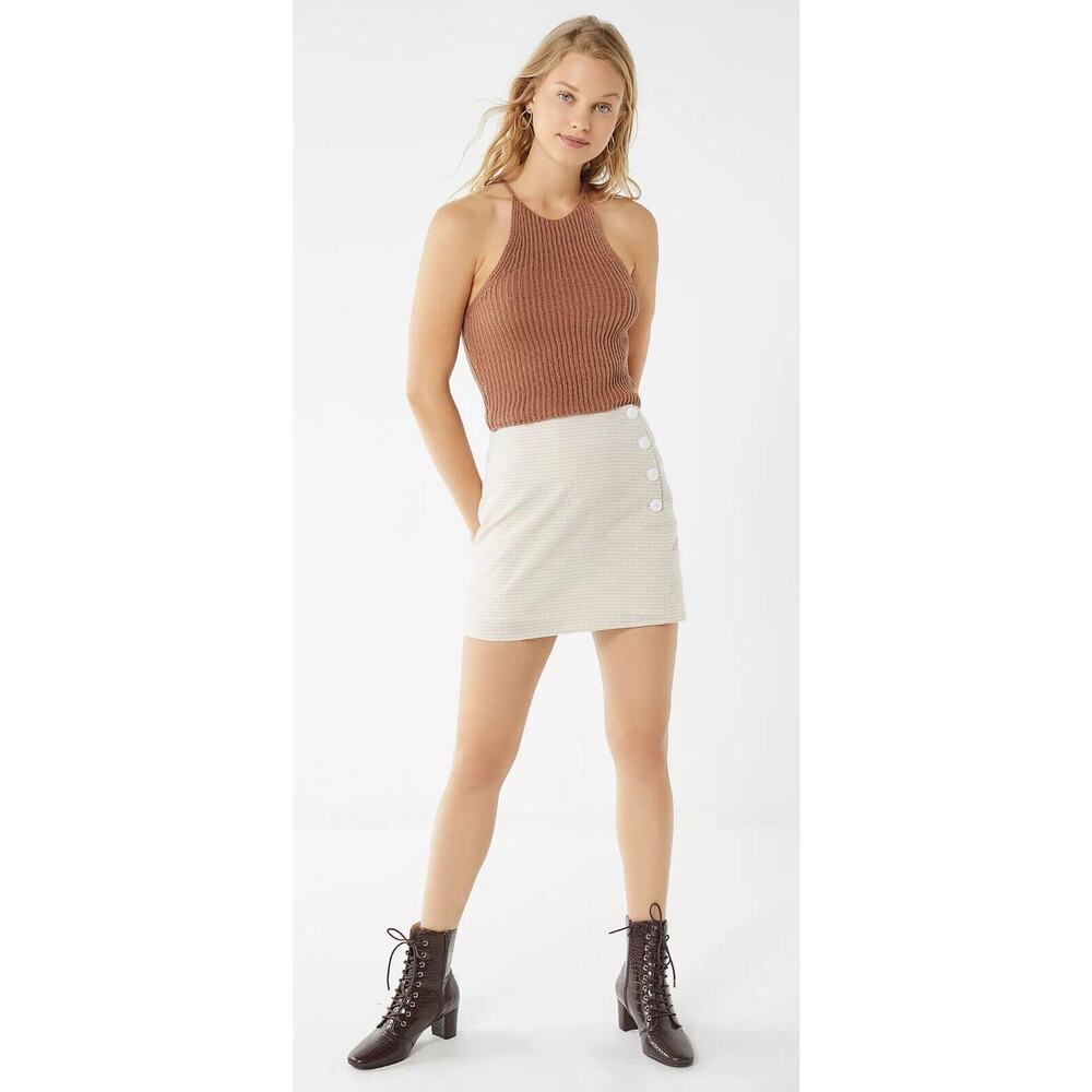 Urban Outfitters Large Mini Skirt Stockholm Side Button Beige Plaid Light